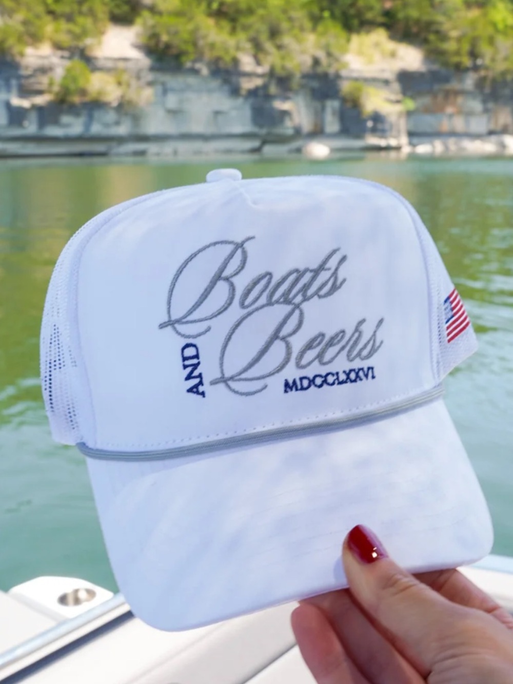 Boats and Beers White Embroidered Trucker Hat